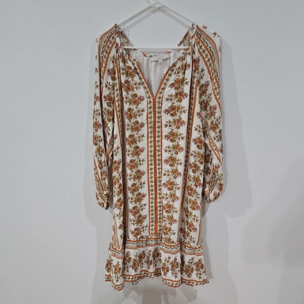 LOFT Sz Large Womens Cream and Orange Floral Print Dress